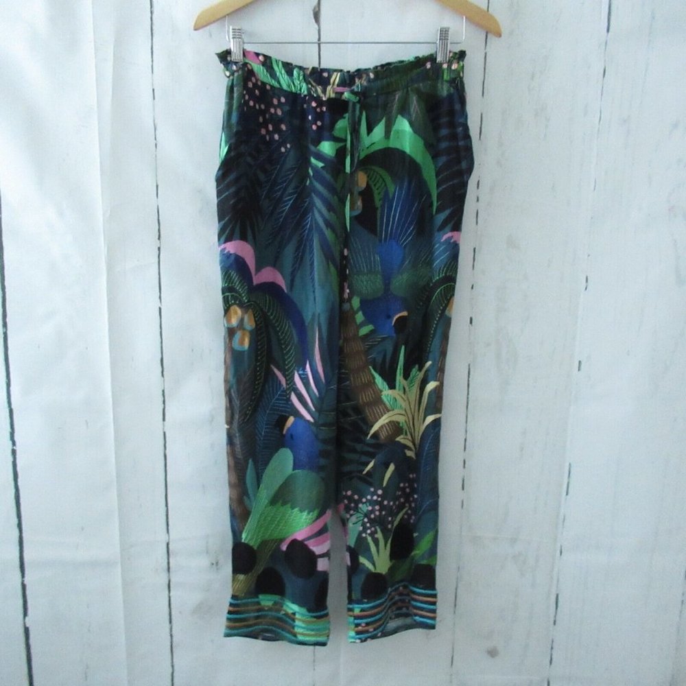 Farm Rio Anthropologie Pants M Blue Floral Bird Tropical Pull On Rainforest